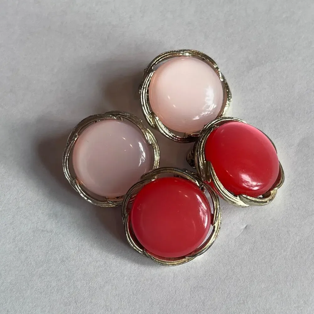 Vintage LISNER Baby Pink & Strawberry Pink Moonglow Thermoset Earrings LOT of 2
